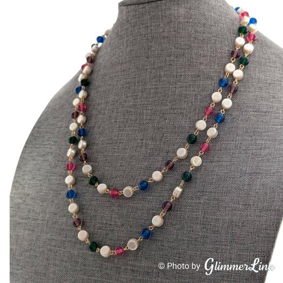 Vintage Long Multicolor Beaded Wire Faux Pearl Flapper Style Gold Tone Necklace - Picture 9 of 11
